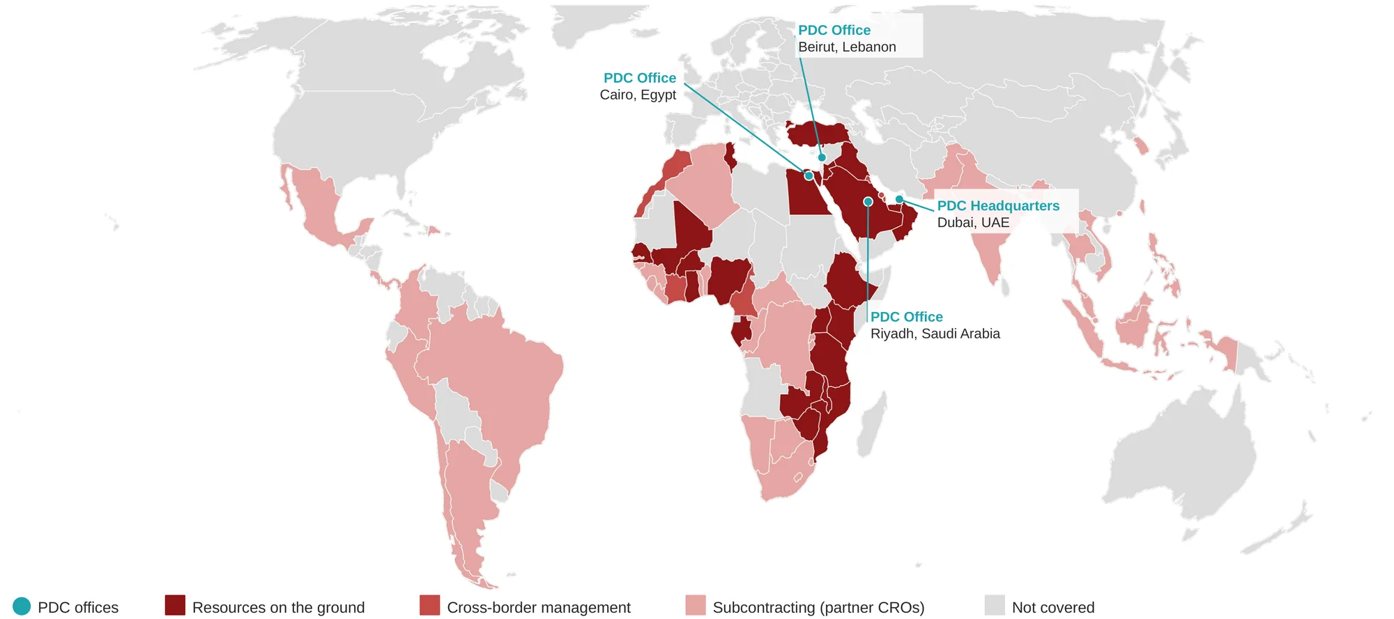Map of PDC clinical trial coverage with offices in Dubai (headquarters), Riyadh, Cairo and Beirut, own resources and partner CROs across the Middle East, Africa, Asia Pacific and Latin America